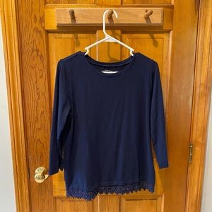 Three quarter sleeve navy shirt with lacy bottom from Bass